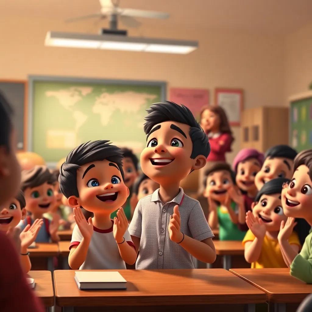 Taleb and his classmates applauding, the classroom filled with smiles and joy, Teacher Sara looking proud and happy, warm lighting, inviting atmosphere, heartwarming scene, high quality