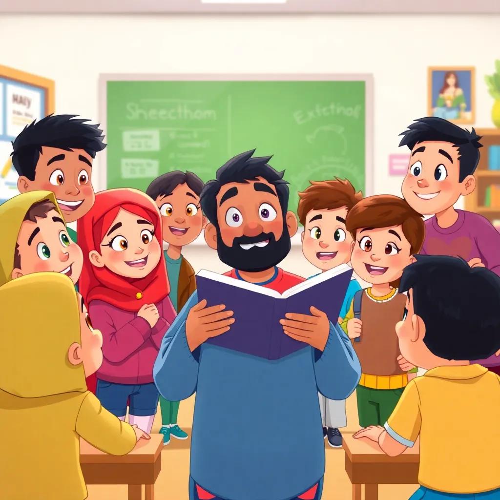A group of friends surrounding Taleb, eager to hear his next story, with excitement in their eyes, colorful background of the classroom, cheerful illustration, child-friendly, engaging atmosphere, high quality