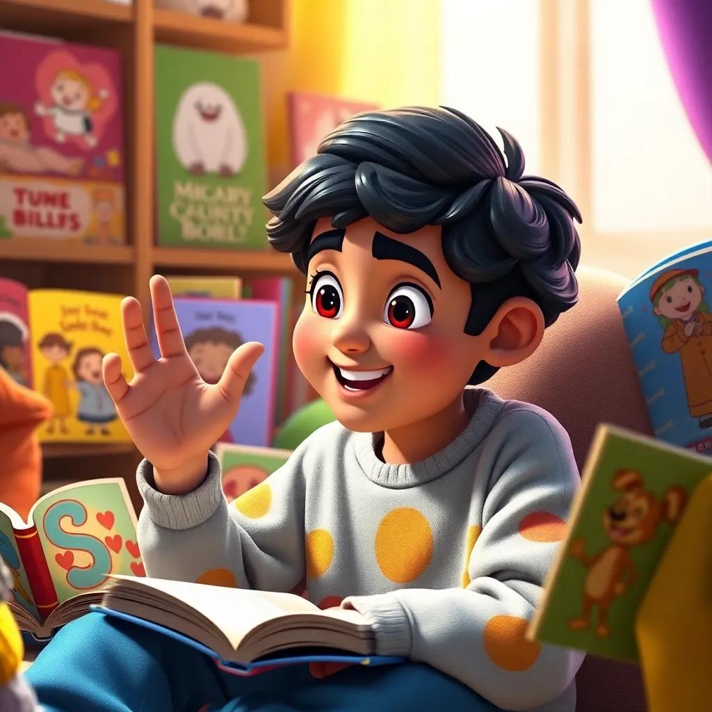 Taleb practicing storytelling, using hand gestures and words, with colorful storybooks around him, filled with friends and joy, vibrant colors, warm light, playful and inviting, high quality