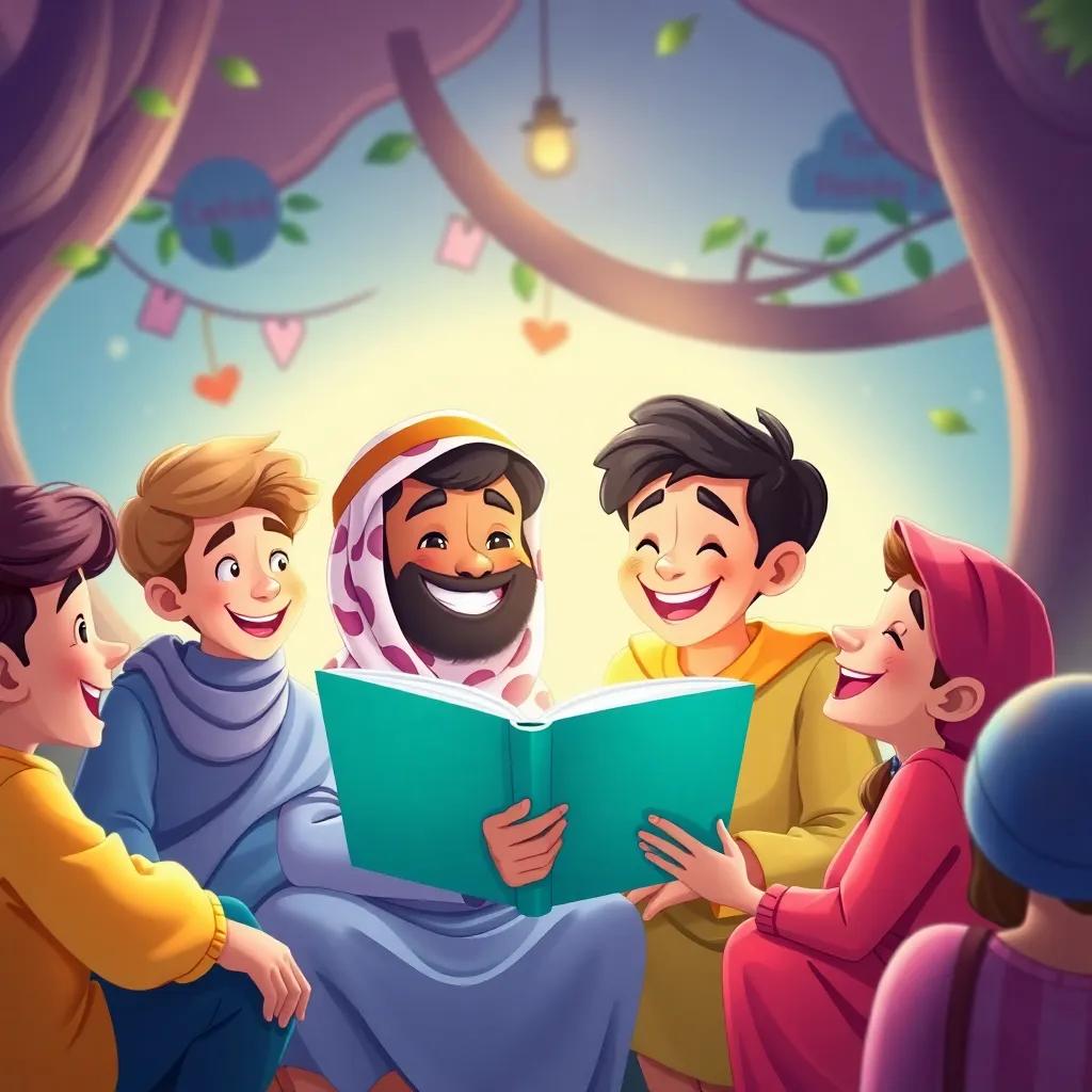 Taleb engaging with his friends through storytelling, laughter and smiles all around in an imaginative scene, colorful illustration, lively atmosphere, heartwarming and joyful, high quality