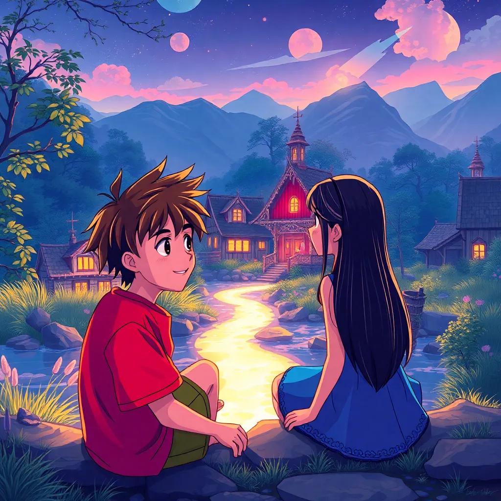 A small village by a glowing creek, a boy named Leo with messy brown hair and a red shirt, sitting with his friend Mira, a girl with long black hair and a blue dress, both looking at the creek with excitement, digital art, bright colors, cheerful atmosphere, captivating view, high quality