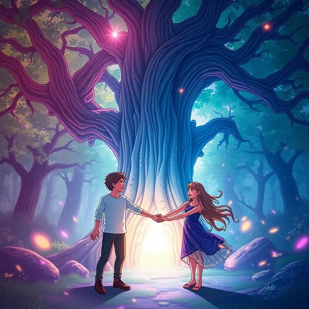 A shimmering portal beneath an ancient oak tree, Leo and Mira holding hands, excited expressions on their faces, swirling lights around, mystical forest background, illustration, vibrant and magical, enchanting setting, high quality