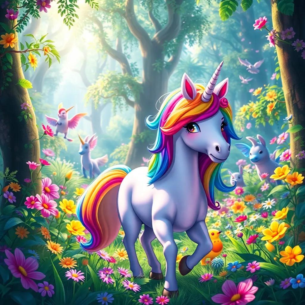 A lush vibrant forest filled with whimsical creatures, a friendly unicorn with a rainbow-colored mane approaching Leo and Mira, smiling, surrounded by colorful flowers and shining sunlight, fantasy art, bright colors, lively and enchanting, high quality