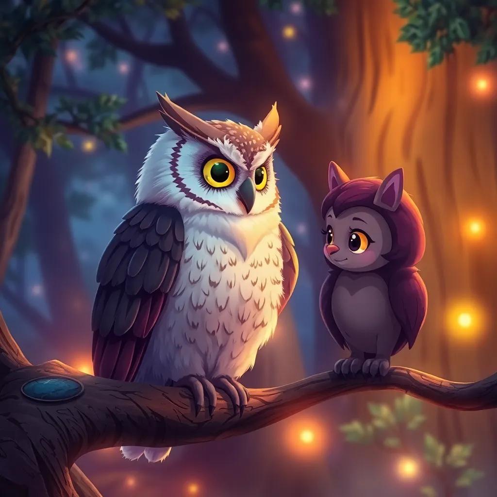 A wise old owl perched on a branch, looking knowingly at Leo and Mira, who are listening intently, a magical forest background with shimmering lights, digital painting, warm colors, inviting and whimsical, high quality