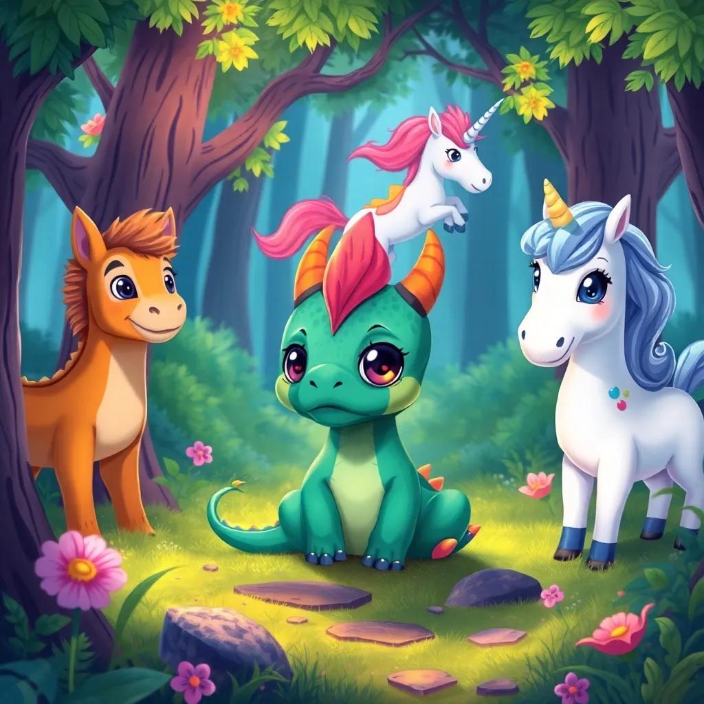 A lost little dragon, small and cute, with big eyes, looking sad, surrounded by Leo, Mira, and the friendly unicorn offering help, in a beautiful enchanted forest, illustration, friendly and adventurous, lively colors, high quality