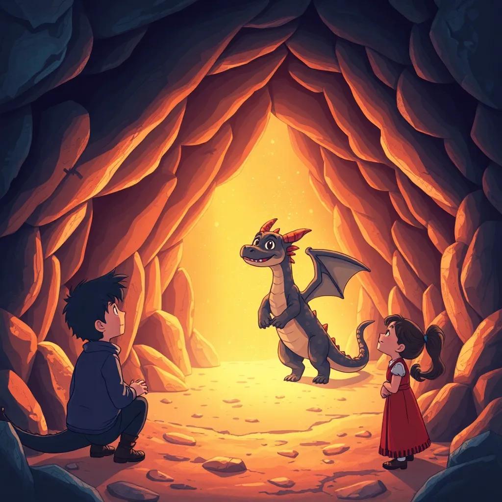 The cave entrance where the dragon's family awaits, filled with sparkling stones and warm light, the little dragon joyfully reuniting with its family, Leo and Mira watching with happy smiles, heartfelt scene, illustration, warm colors, uplifting and joyous, high quality