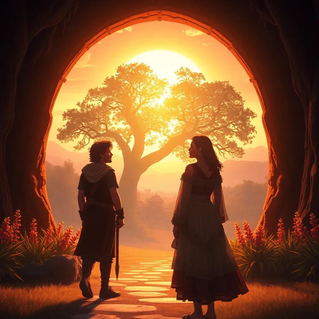 The portal glowing with magical light as Leo and Mira return home, looking back with wonder, the oak tree in the background, village softly illuminating under a sunset, digital art, warm and inviting, peaceful and uplifting atmosphere, high quality