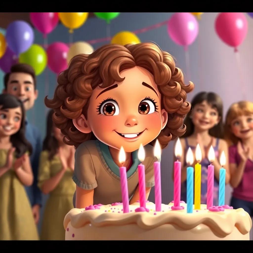 Taline, a three-year-old girl with bright brown eyes and curly chestnut hair, leaning over a cake with pink candles, smiling as she prepares to blow out the candles, colorful balloons in the background, joyful family and friends clapping, illustration, bright colors, adventure-themed, child-friendly