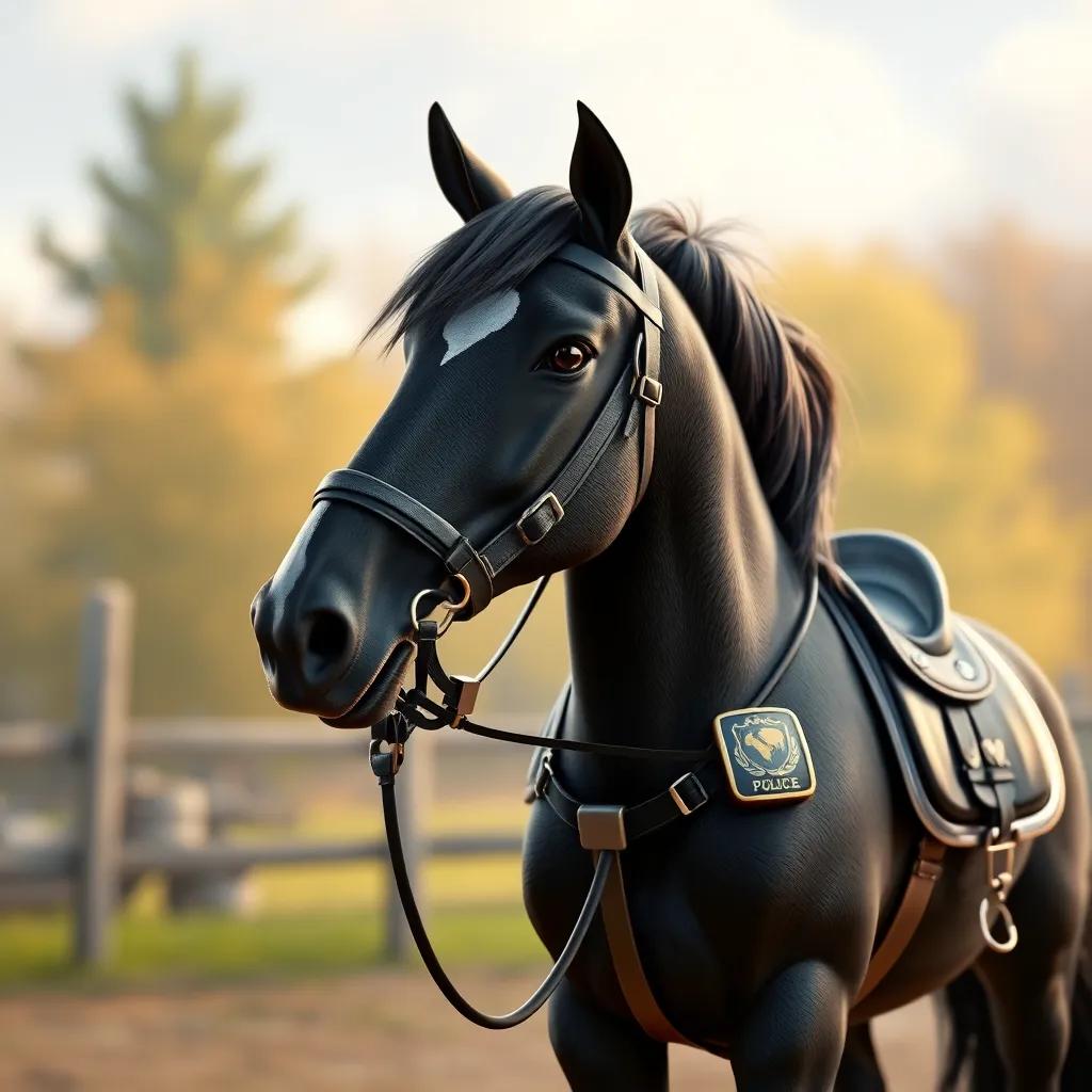 A majestic black Frisian horse, Tanja, proudly standing beside the white saddle, decorated with police horse gear, digital art, vibrant colors, whimsical atmosphere, high quality
