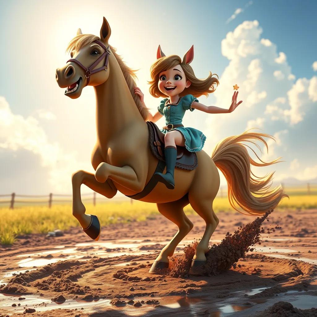 Tanja dancing and jumping around the saddle, mud everywhere, laughter in the air, sunny weather breaking through the clouds, colorful digital art, fun and playful perspective, high quality