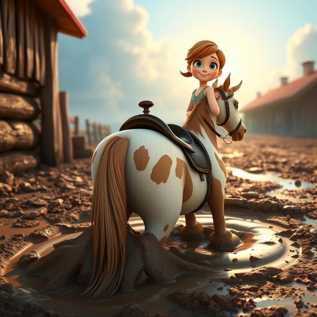The now muddy and flat saddle almost buried in the mud, Tanja looking back with a cheerful smile, playful atmosphere, sunshine peeking from behind the clouds, colorful, high quality