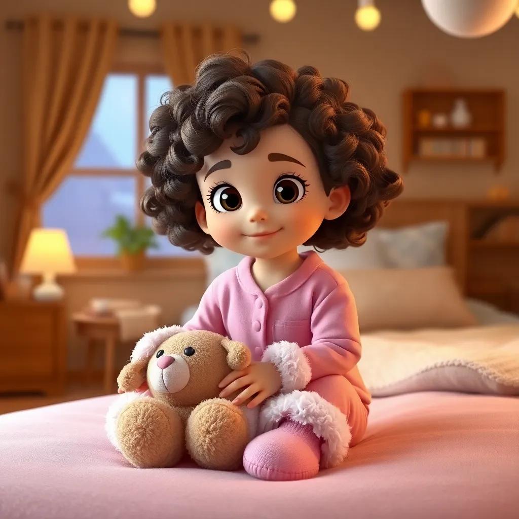 Tatty, a young girl with curly hair wearing pink pajamas and fluffy slippers, sitting in her cozy bedroom with a teddy bear, warm colors, soft lighting, inviting atmosphere