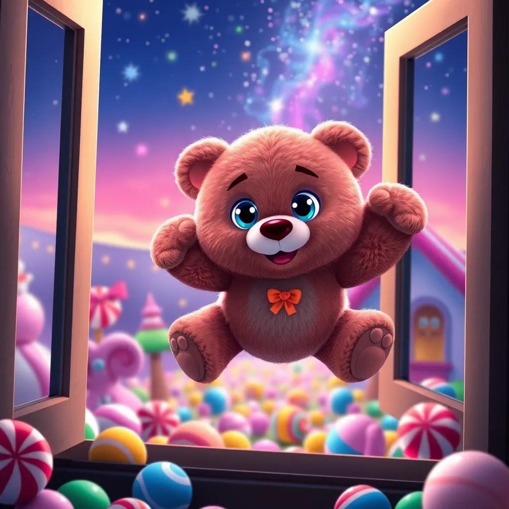 Tatty and Mr. Snuggles, a cuddly teddy bear with bright blue eyes, jumping out of a window into a vibrant candy land under a starlit sky, colorful, magical, whimsical