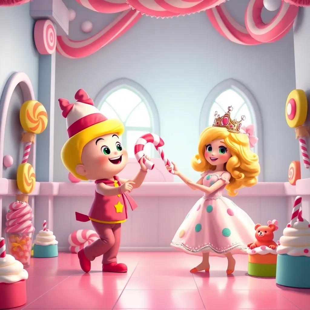 Inside Candy Castle, Tatty dancing with Princess Lollipop, who has a candy cane crown, surrounded by gummy bears and ice cream, fun party atmosphere, bright and cheerful