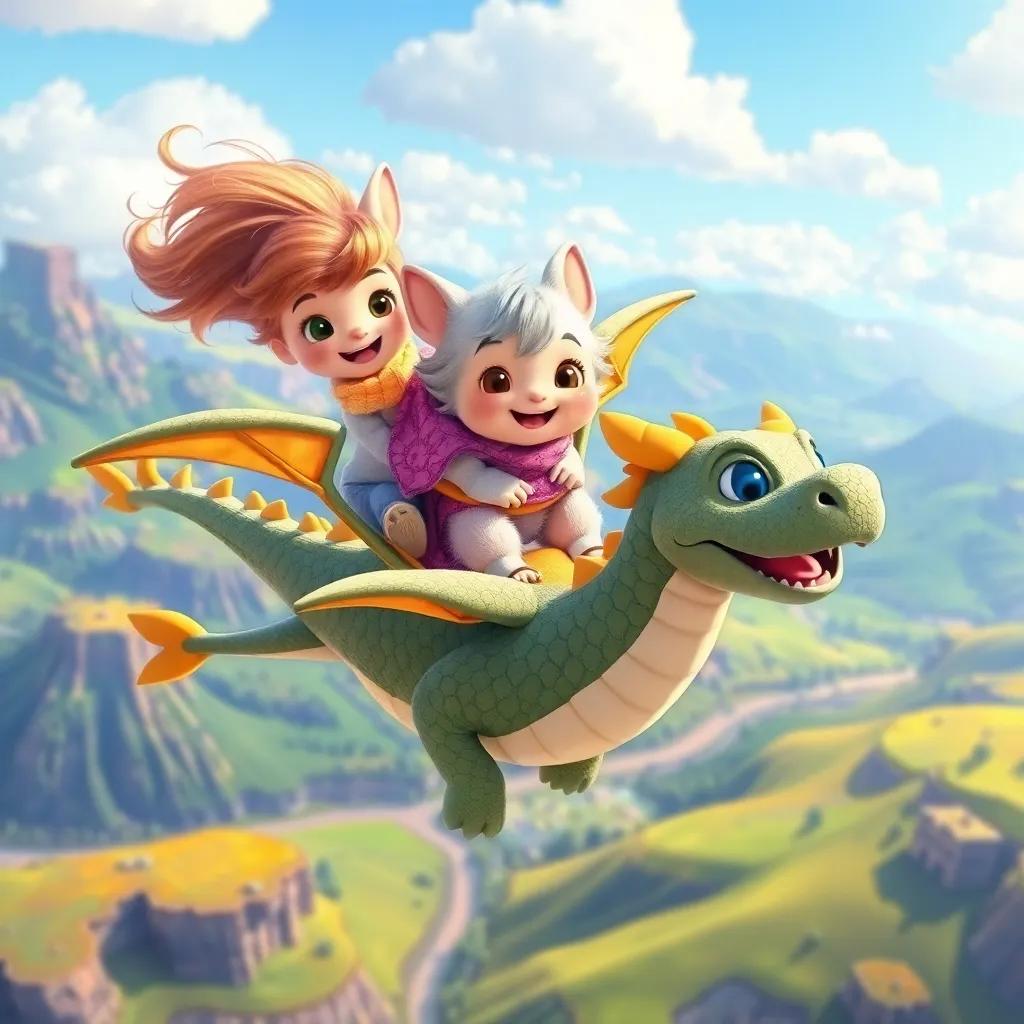 Tatty and Mr. Snuggles riding on Sparkle, a friendly dragon, soaring above colorful landscapes, wind in their hair, joyful, adventure-themed, child-friendly
