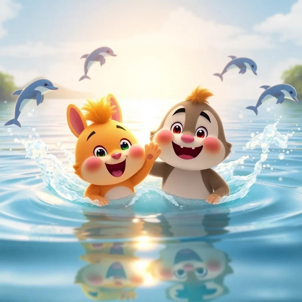 Tatty and Mr. Snuggles splashing in a sparkling lake with playful dolphins jumping, cheerful atmosphere, bright sun reflecting on water, joyful fun