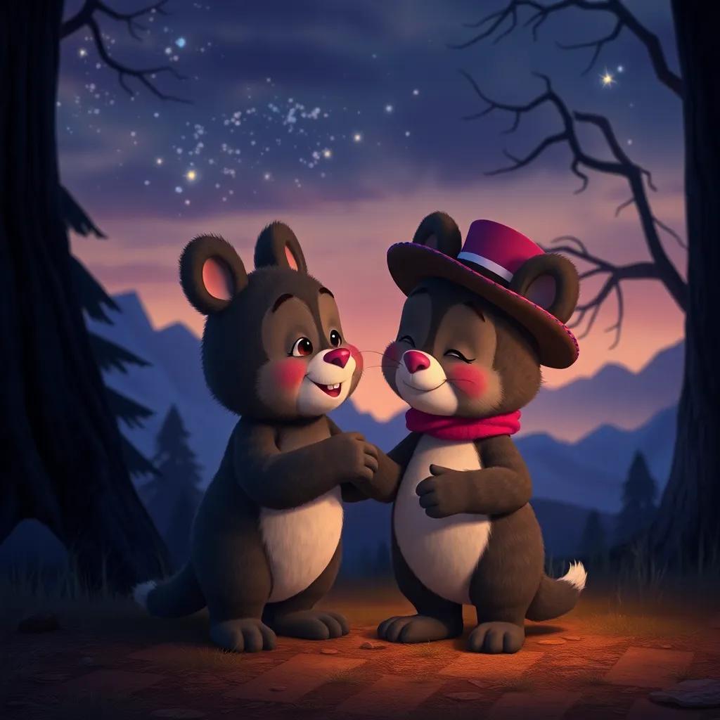 Tatty saying goodbye to Mr. Snuggles as the night grows darker, the magical scenery behind them, heartfelt moment, soft twilight colors, warm glow