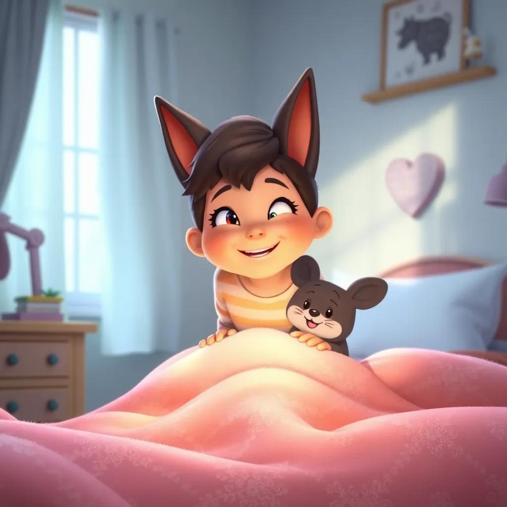Tatty climbing back into her bed with Mr. Snuggles, the cozy bedroom in soft morning light, her face joyful and content, homey atmosphere, comforting