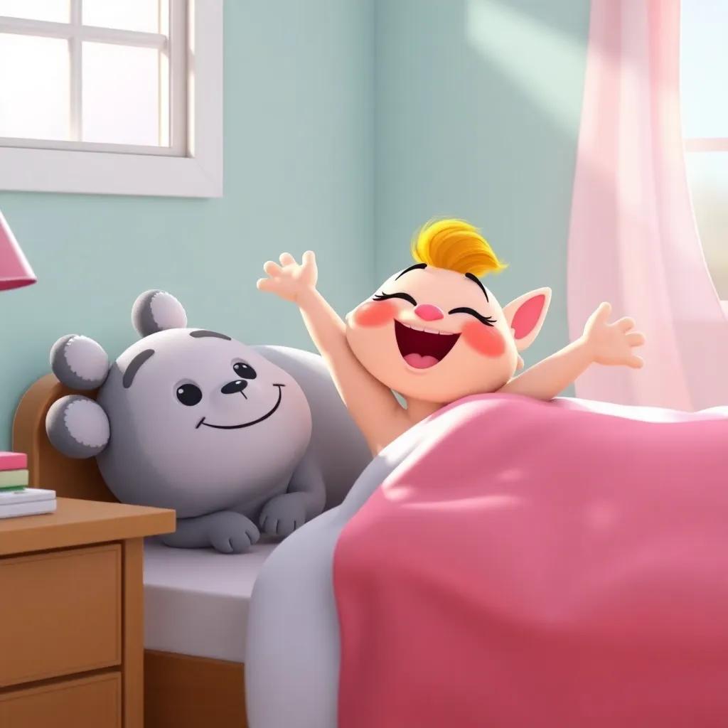 Tatty waking up in the morning light, stretching happily in bed next to Mr. Snuggles, her cheerful expression, bright colors, optimistic beginnings