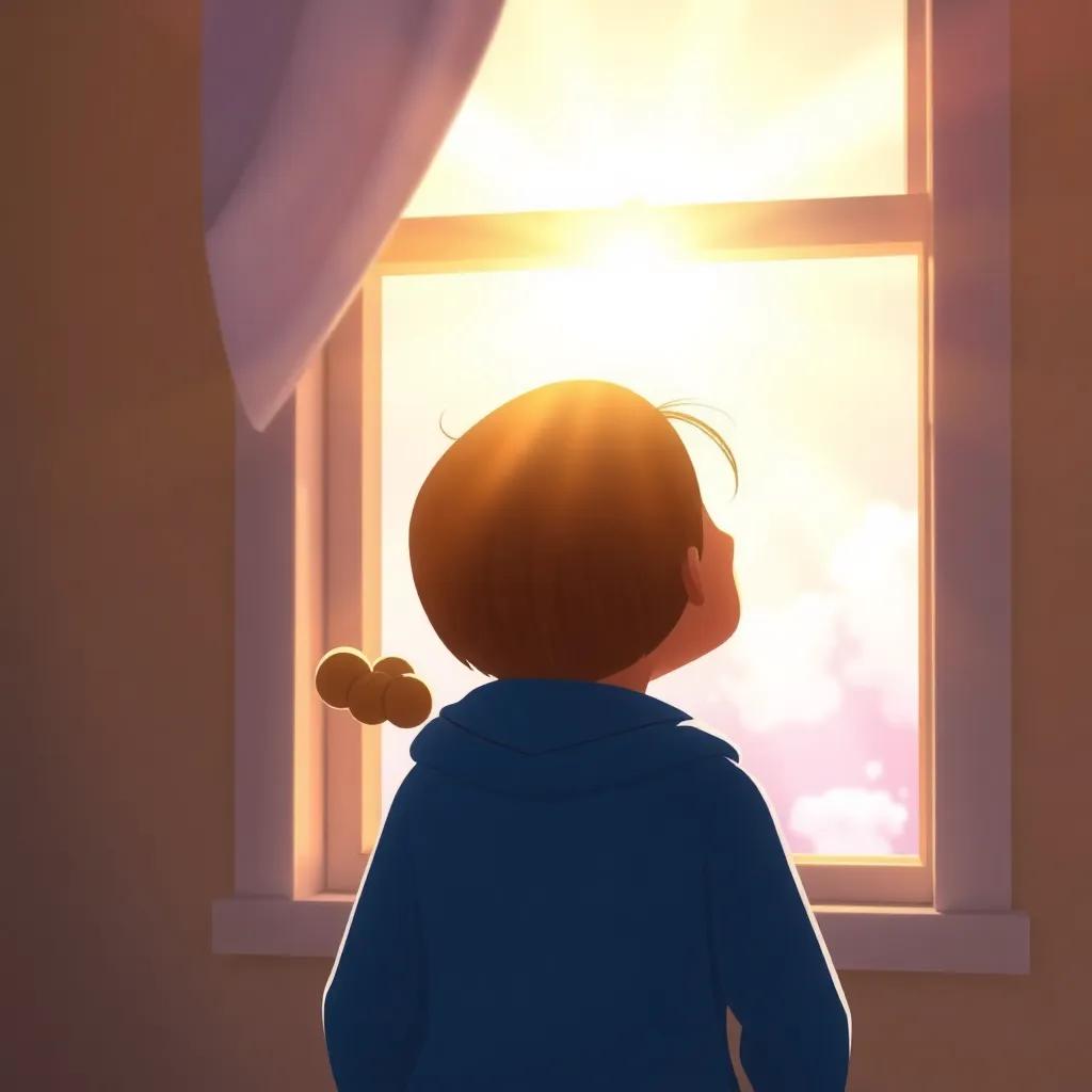 Tatty, a young girl with a big smile, facing the window with the sunlight streaming in, filled with dreams and excitement, a bright and hopeful world beyond