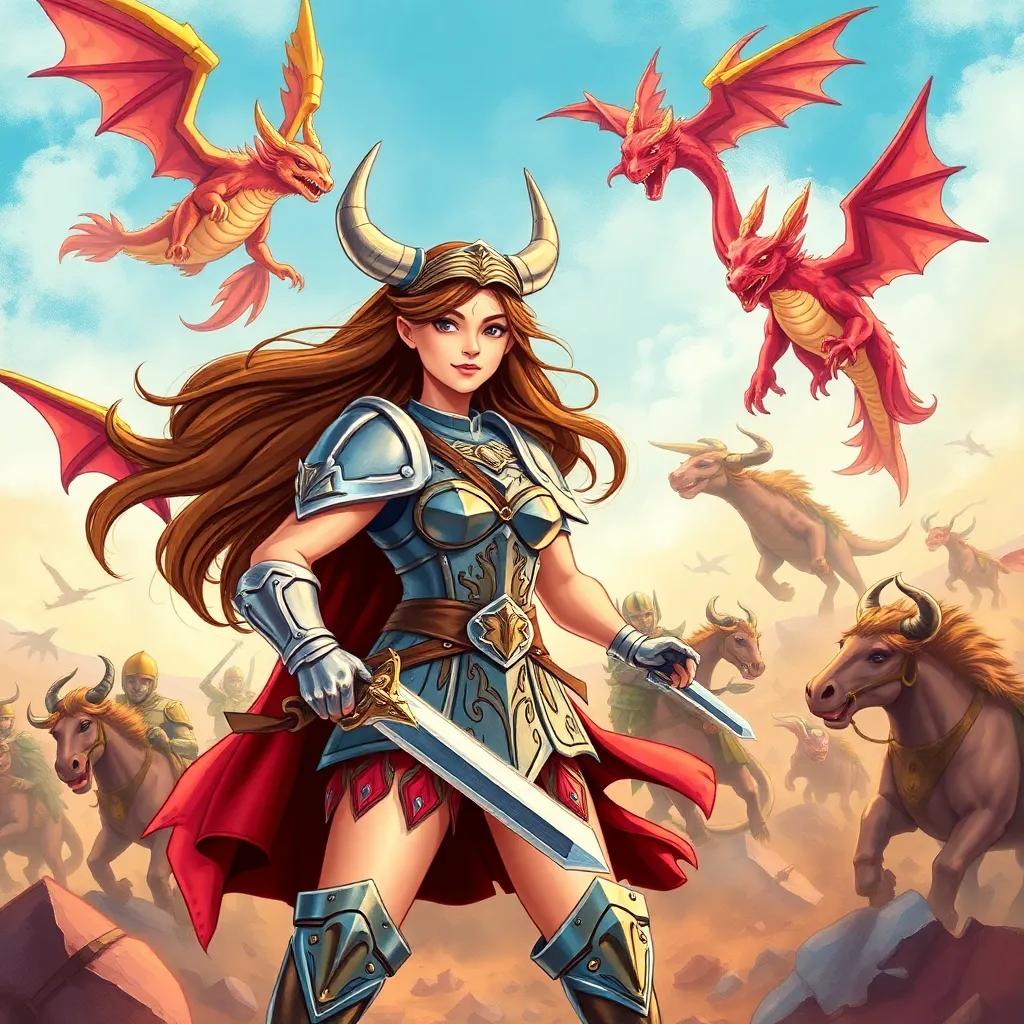 A strong Taurus woman, Tara, with long, flowing brown hair, wearing shining armor, holding a sword and standing confidently on a battlefield with dragons flying overhead, vibrant colors, dynamic action, illustration, magical atmosphere, child-friendly, high quality