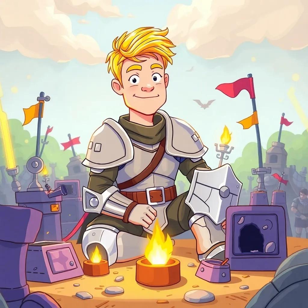 A clever Gemini man, Gary, with short, wavy blond hair, wearing light armor, sitting in a strategizing pose surrounded by clever traps on the battlefield, bright colors, engaging composition, illustration, playful and adventurous tone, high quality