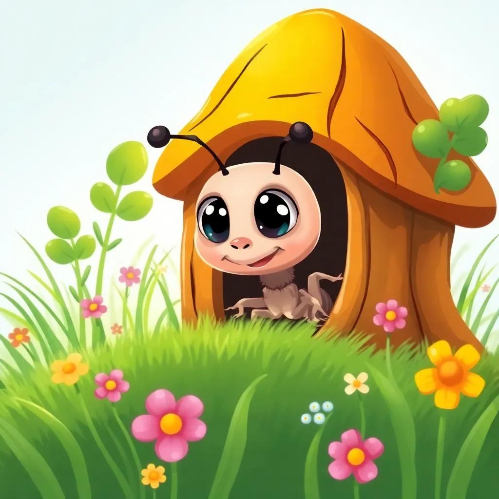 A small termite, Terminator, peeking out from a bright treehouse, with big eyes and a hopeful expression, surrounded by green grass and flowers, digital art, cheerful, colorful, high quality