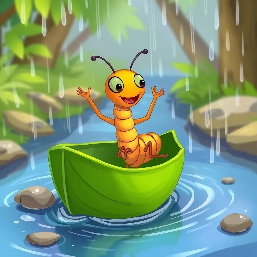 Terminator the termite on a green leaf boat, sailing down a tiny stream, with raindrops falling around, excitedly raising his tiny hands, bright colors, playful scene, digital art, high quality