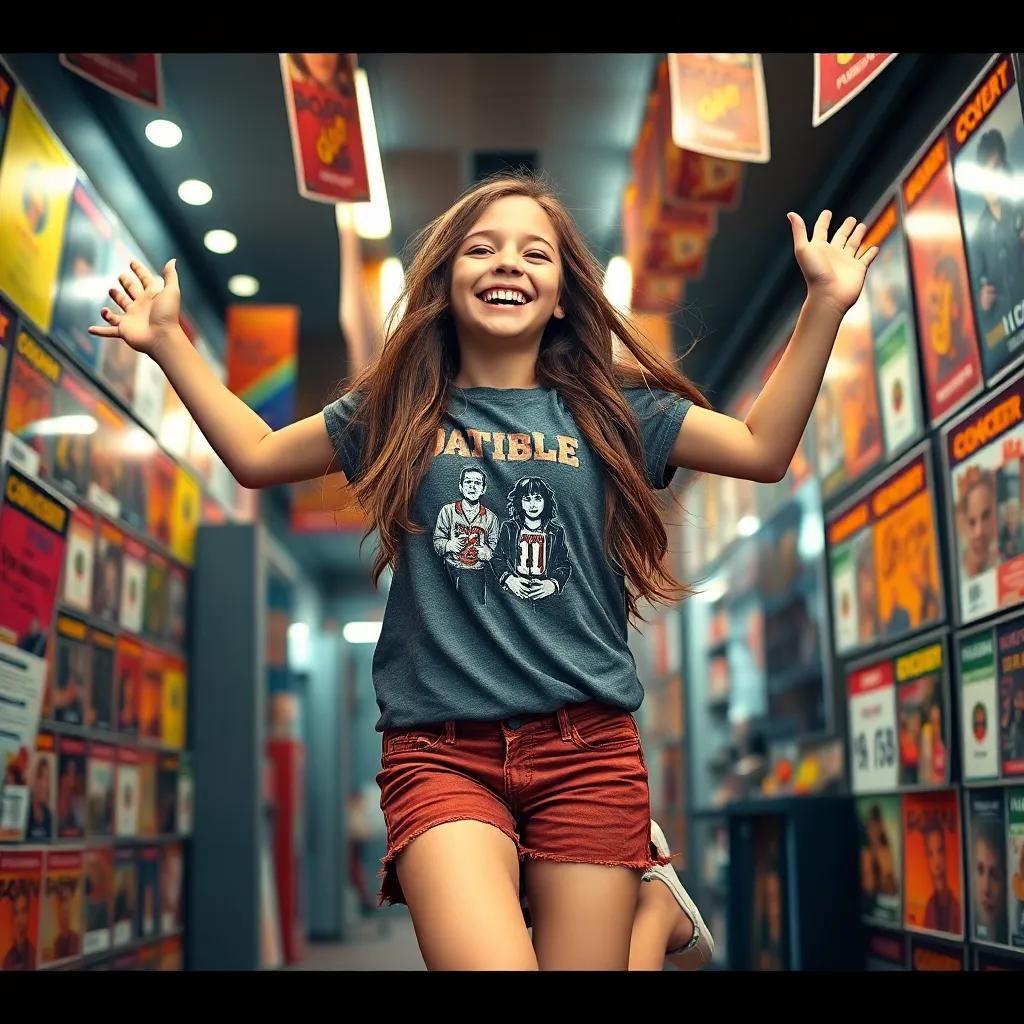 A young girl, Tessa Maslow, with long brown hair and a band t-shirt, jumping with joy in a concert ticket shop, colorful posters around her, digital art, vibrant colors, energetic atmosphere, high quality