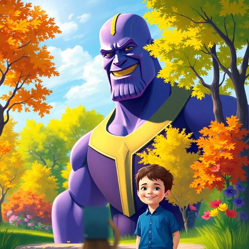 A giant purple figure, Thanos, with a warm smile, standing in a sunny park with a small, cheerful boy named Chester, with short brown hair wearing a blue shirt, colorful trees and flowers around them, bright colors, digital art, happy atmosphere, joyful perspective, high quality