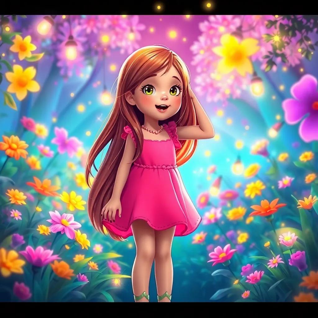Lila, a young girl with long, brown hair wearing a bright pink dress, standing in a magical garden filled with colorful flowers and fireflies, excitedly calling out to her brothers, digital art, vibrant colors, enchanting atmosphere, high quality