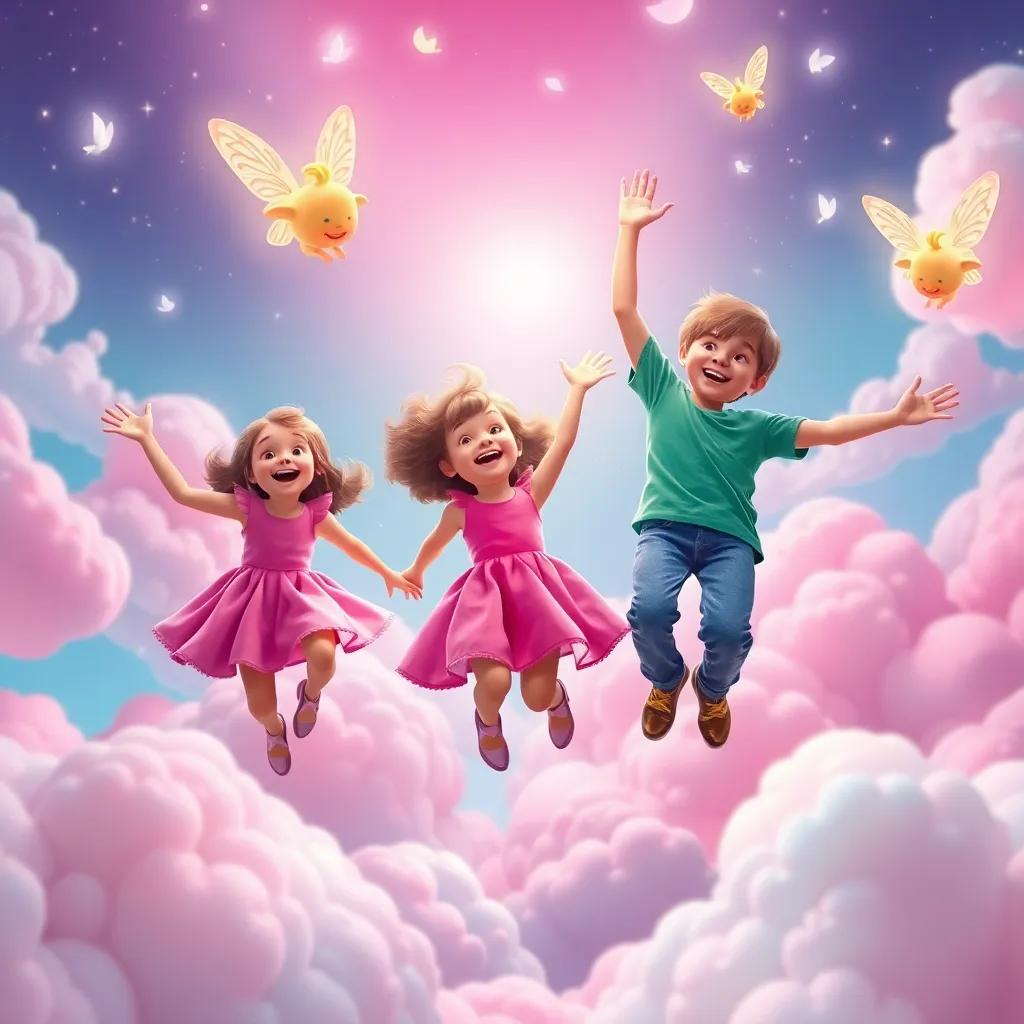 Three siblings, Lila in a bright pink dress, Max in a blue shirt and shorts, and Sam in a green t-shirt and jeans, joyfully floating on candy clouds with friendly fairies, whimsical style, cheerful colors, magical light, immersive perspective, high quality