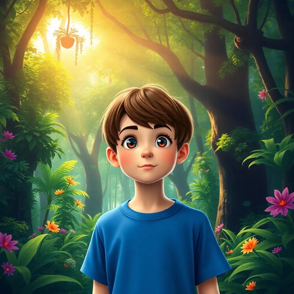 A curious boy, Eli, with short brown hair and a blue t-shirt, standing at the entrance of a thick green forest, sunlight filtering through the trees, vibrant flora around, digital art, bright colors, inviting atmosphere, high quality