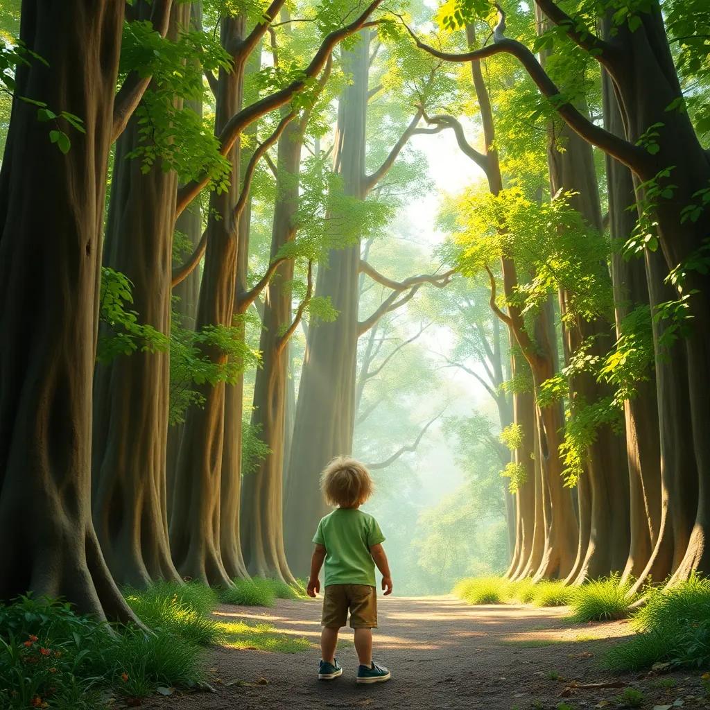 A curious child standing at the entrance of an enchanted forest, tall trees forming an archway, sunlight filtering through leaves, vibrant colors, whimsical atmosphere, child-friendly