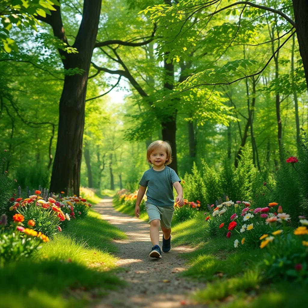 A child walking on a quiet path in an enchanted forest, sunlight streaming through leaves, feeling confident, surrounded by colorful flowers, peaceful scene, cheerful mood