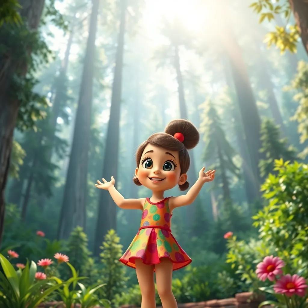 A cheerful girl, Mia, with bright eyes, wearing a colorful dress, standing at the edge of a towering forest with her friends, Tom and Lily, excited and pointing at the tall trees, bright sunlight, enchanting atmosphere, magical vibes, playful surroundings, digital art, vibrant colors, whimsical style, high quality