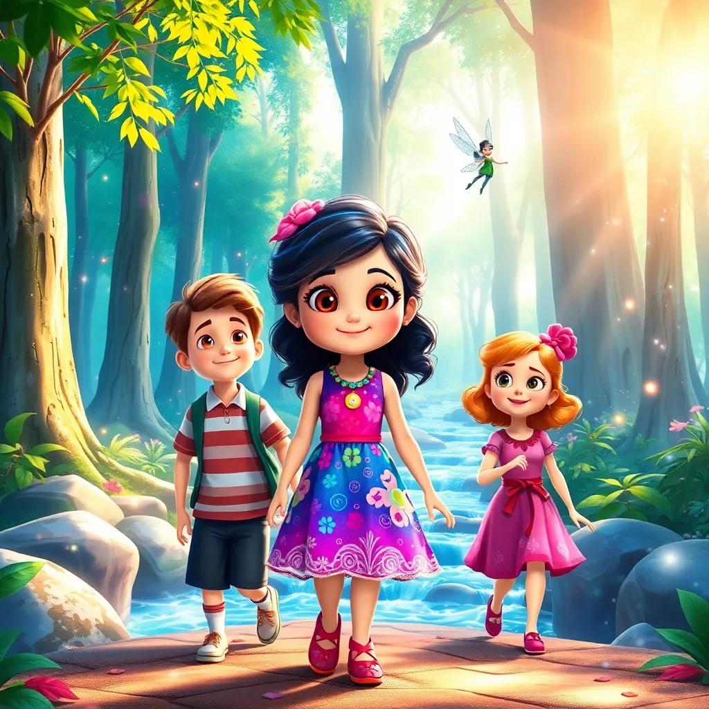 Mia, bright-eyed girl in a colorful dress, with friends Tom and Lily, entering a sparkling forest filled with glittering streams and tall trees, giggling fairy flying around them, sunlight filtering through leaves, magical adventure, fantasy setting, colorful illustration, joy-filled scenery, high quality
