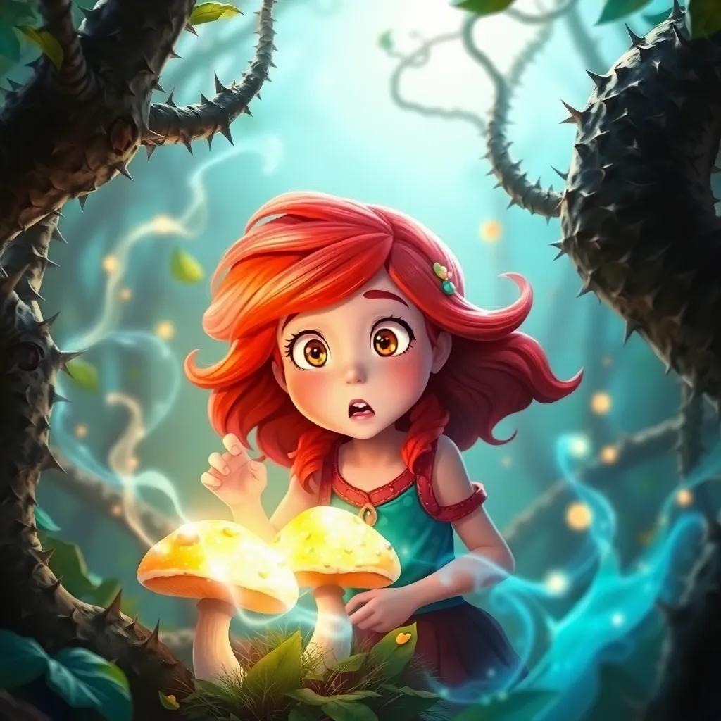 A brave young girl, Lily, with fiery red hair, surprised as she touches a glowing mushroom, surrounded by thick thorny vines, magical energy swirling around, digital painting, bright colors, enchanting setting, high quality