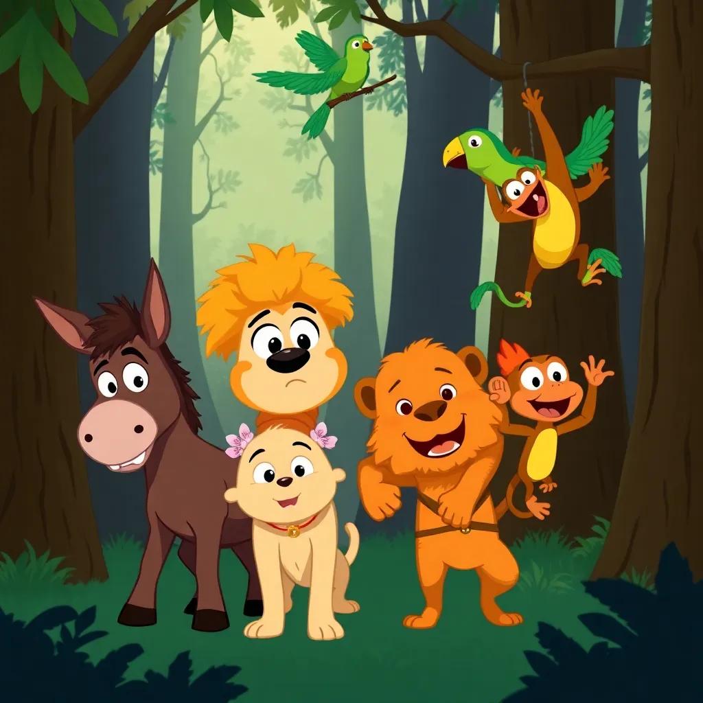 Danny the donkey, a brown donkey with long ears, Daisy the dog, a fluffy golden retriever, Max the monkey, a playful monkey swinging through the trees, and Polly the parrot, a vibrant green parrot squawking above, surrounded by tall trees and spooky shadows, fearful expressions, illustration, engaging, friendly, adventure-themed, child-friendly