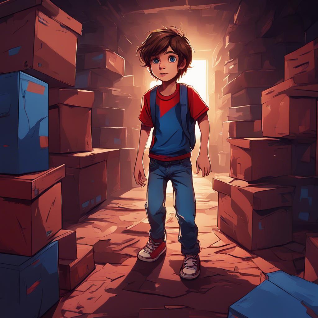 Jack, a 5-year-old boy with messy brown hair, wearing a red t-shirt and blue jeans, exploring a dark basement filled with mysterious boxes and shadows, digital art, colorful, playful atmosphere, cheerful lighting, high quality