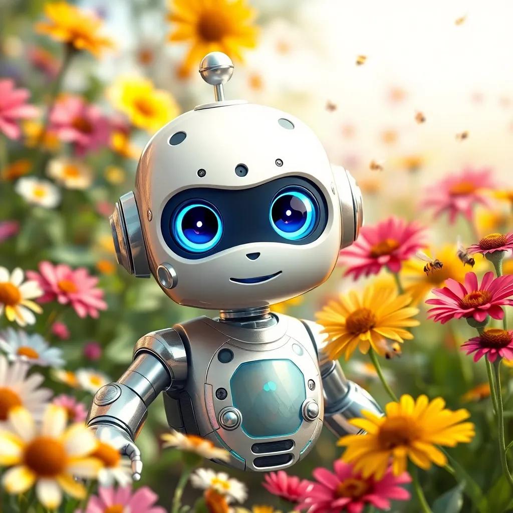 A curious little robot, 01223, with bright blue eyes and shiny silver arms, in a colorful garden full of flowers and buzzing bees, cheerful atmosphere, vibrant colors, inviting scene, digital art, child-friendly