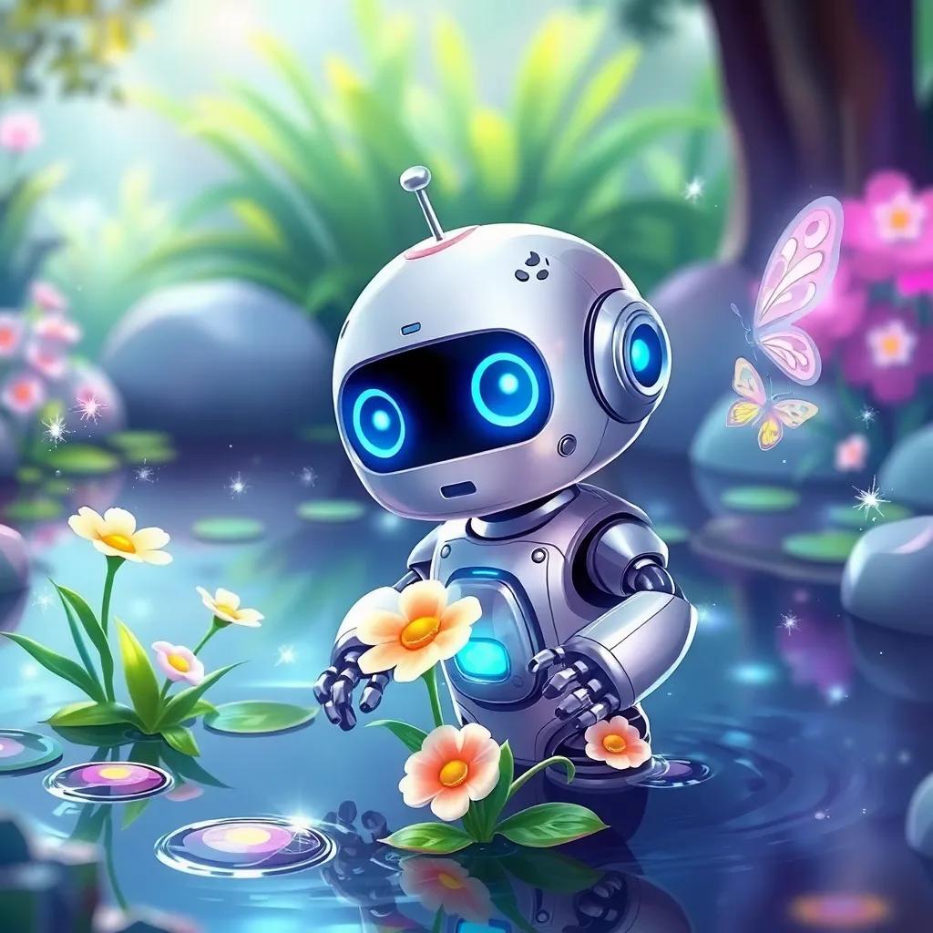 01223, a curious little robot with shiny silver arms and bright blue eyes, at a small pond with sparkling water, dancing butterfly around flowers, playful atmosphere, cheerful light, happy scene, digital illustration
