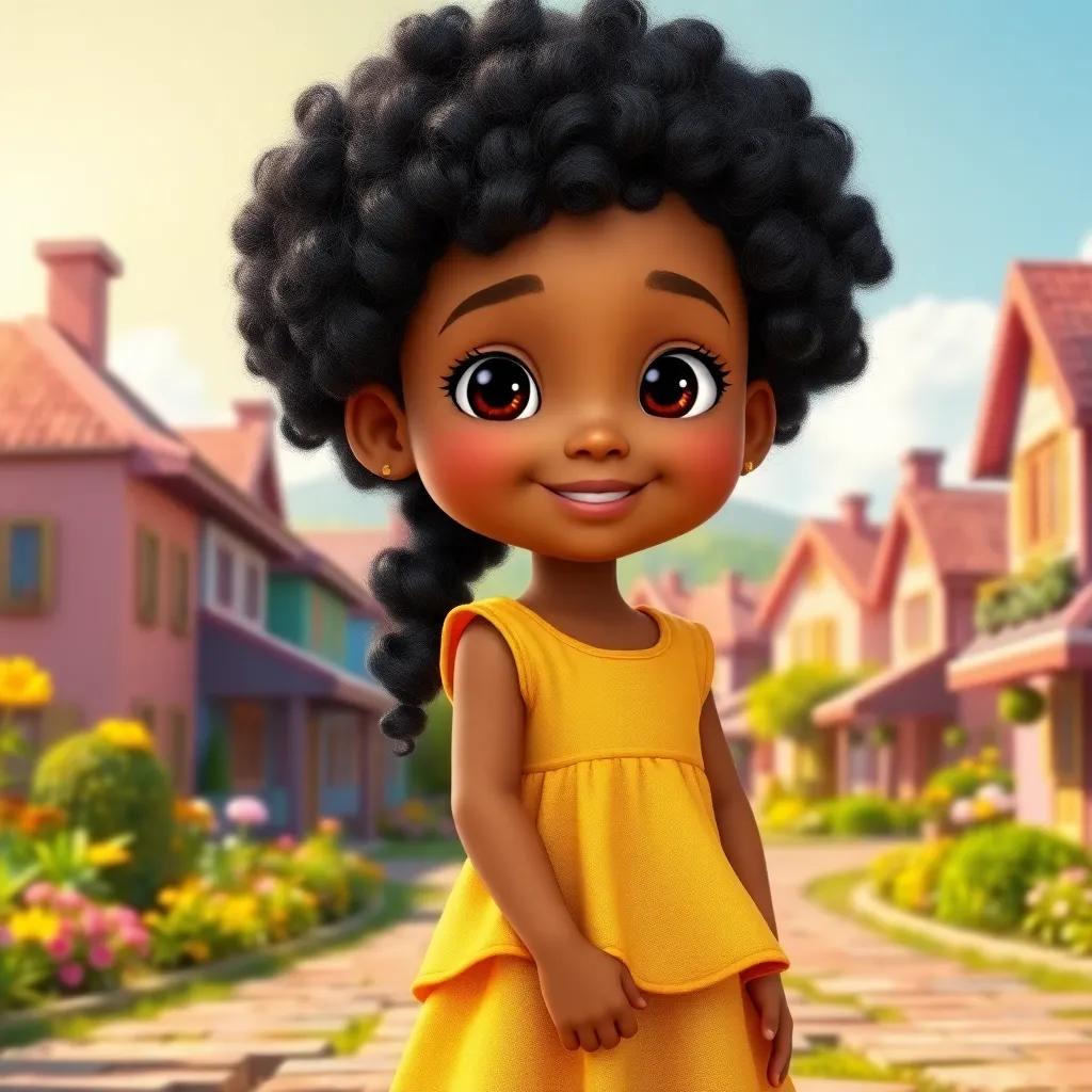 A little girl named Alif with curly black hair, warm brown skin, wearing a cheerful yellow dress, standing in a bright village with colorful houses, vibrant garden, sunny sky, digital art, cheerful and inviting atmosphere, high quality