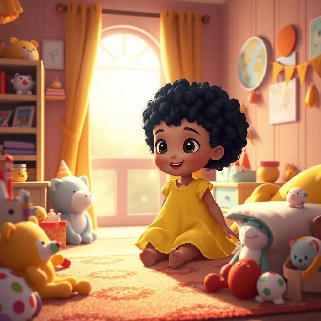 Alif, a little girl with curly black hair in a yellow dress, waking up in her cozy room filled with toys, a bright sun shining through the window, digital art, warm colors, joyful atmosphere, high quality