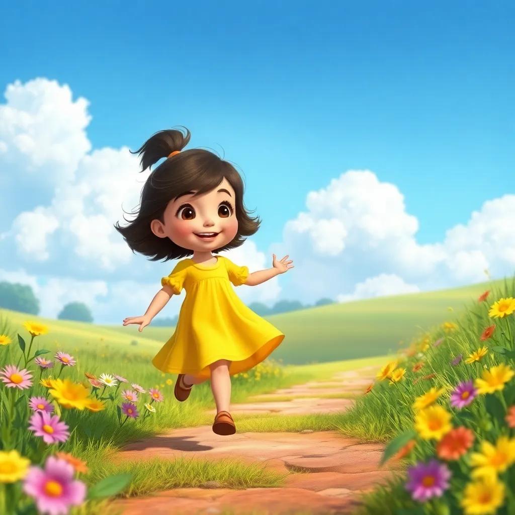A little girl named Alif in a yellow dress, skipping on a path surrounded by flowers towards a meadow, cheerful expression, blue skies with fluffy clouds, digital painting, vibrant colors, charming scenery, high quality