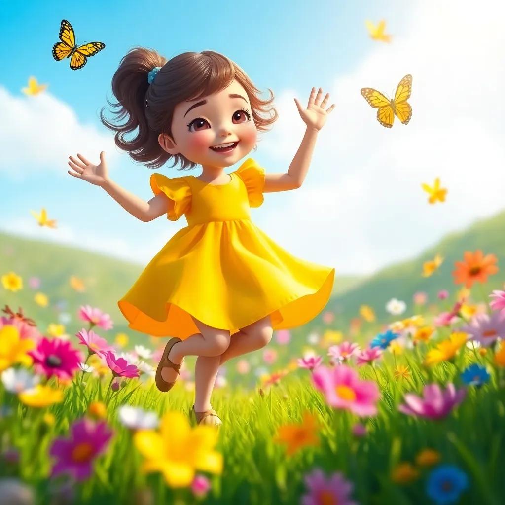 Alif, a little girl in a yellow dress, dancing joyfully in a meadow filled with colorful flowers, with bright blue skies, butterflies fluttering around, digital art, vibrant and cheerful atmosphere, high quality