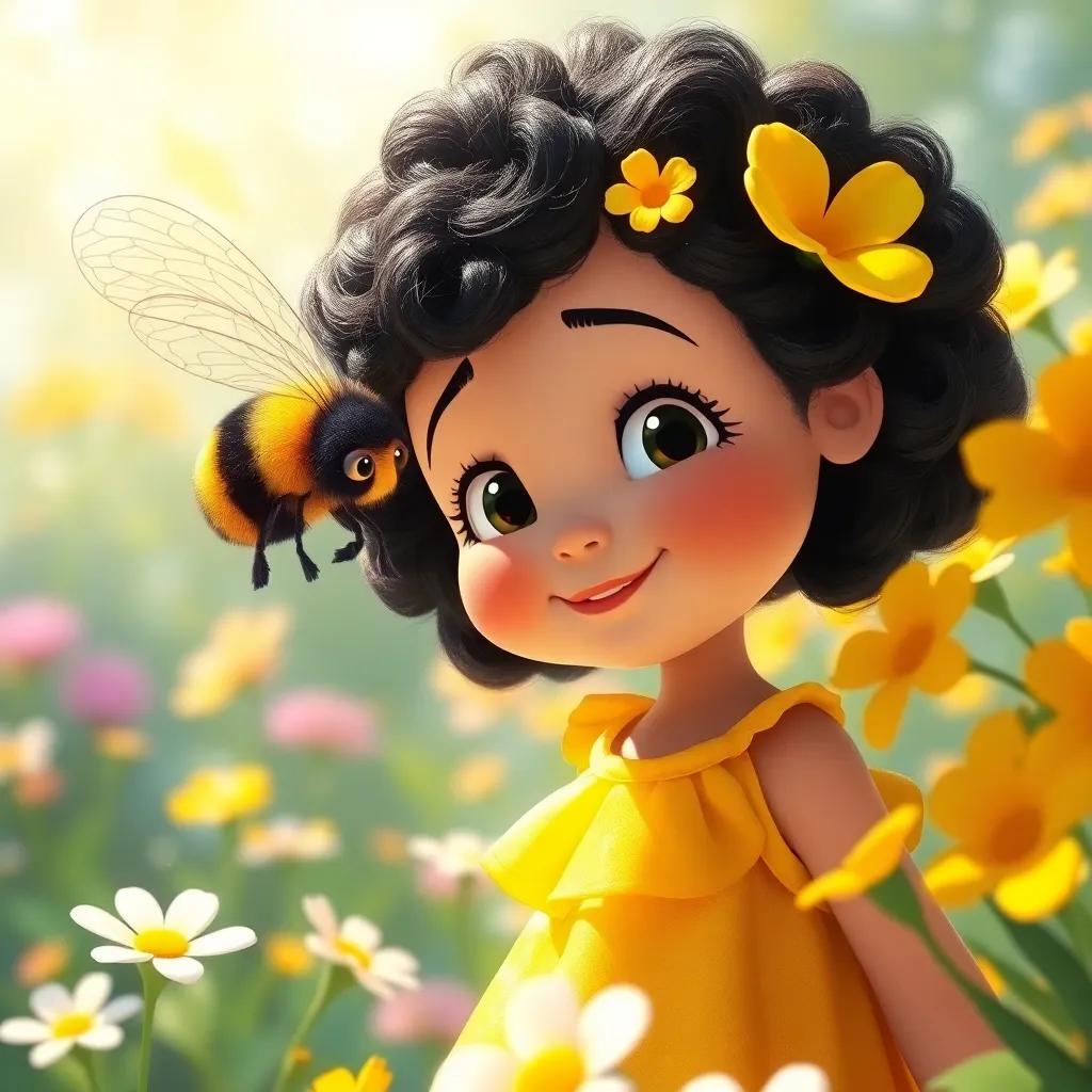 A friendly bumblebee buzzing near Alif, a little girl with curly black hair and a yellow dress, flowers all around sparkling in sunlight, digital painting, bright colors, lively and enchanting, high quality