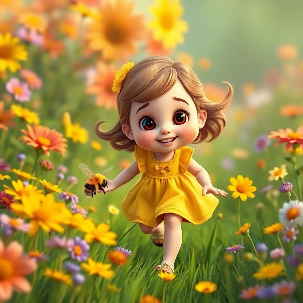 Alif, a little girl in a yellow dress, following a bumblebee through a meadow, excitement on her face, surrounded by colorful blooms, digital art, lively rich colors, high quality