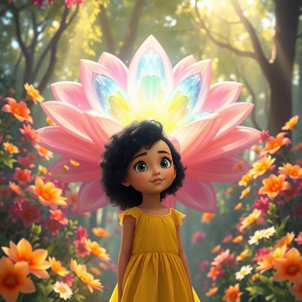 Alif, a little girl with curly black hair in a yellow dress, standing in front of a magnificent flower shining like jewels, surrounded by beautiful flowers, sunlight filtering through trees, digital painting, magical and enchanting, high quality