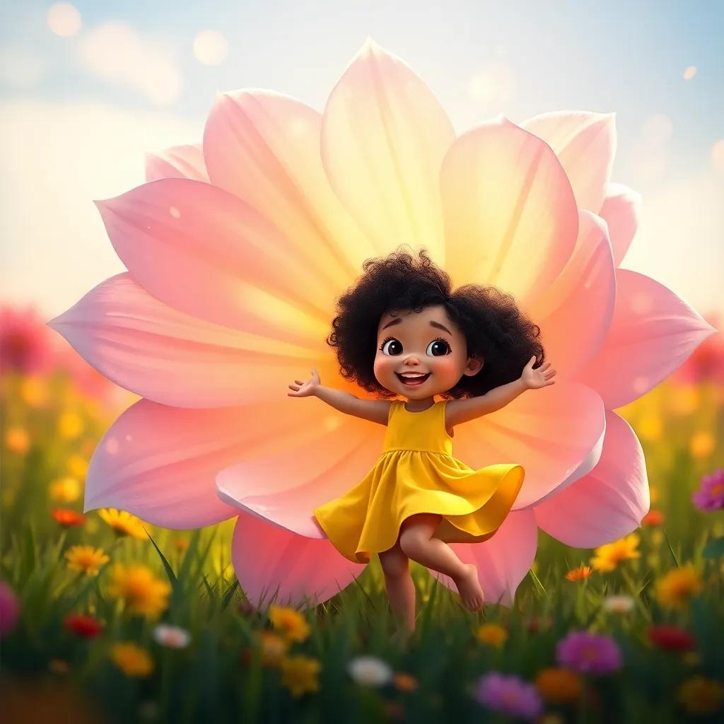 Alif, a little girl with curly black hair in a yellow dress, happily dancing around a giant flower with petals shimmering, smiling brightly, warm and colorful meadow background, digital art, beautiful light, high quality